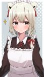  1girl :3 alternate_costume animal_ears aohane apron bear_ears braid brown_eyes enmaided grey_background hair_ribbon highres indie_virtual_youtuber kumagai_chisato looking_at_viewer maid maid_apron maid_headdress red_ribbon ribbon short_hair single_braid solo sparkle white_hair 