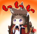  1girl amagi-chan_(azur_lane) animal_ear_fluff animal_ears azur_lane bangs bare_shoulders blunt_bangs blush brown_hair brown_tail chibi commentary_request eating eyebrows_visible_through_hair eyeshadow food fox_ears fox_tail gradient gradient_background hair_intakes hair_ribbon holding holding_food japanese_clothes kimono long_hair makeup multiple_tails off-shoulder_kimono off_shoulder onigiri red_eyeshadow red_kimono revision ribbon rope shimenawa sidelocks simple_background solo tail taisa_(kari) thick_eyebrows translation_request twintails upper_body violet_eyes 