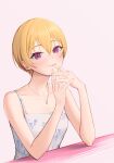  1girl absurdres blonde_hair breasts closed_mouth collarbone dress floral_print hair_between_eyes highres idolmaster idolmaster_shiny_colors jewelry necklace own_hands_together saijou_juri short_hair sjuno small_breasts smile solo spaghetti_strap upper_body violet_eyes 
