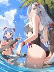  1boy 2girls absurdres ass aunt_and_nephew bangs bare_arms black_swimsuit blue_eyes blue_hair blue_shorts blue_sky blush breasts chongyun_(genshin_impact) clouds cpu crop_top day earrings eyebrows_visible_through_hair flower from_behind from_below ganyu_(genshin_impact) genshin_impact gun hair_flower hair_ornament hair_over_one_eye highleg highres holding holding_gun holding_weapon horns jewelry kawa683 long_hair looking_at_viewer looking_back looking_down medium_breasts micro_shorts multiple_girls one-piece_swimsuit outdoors palm_tree panty_straps parted_lips red_flower sandals sandals_removed see-through shenhe_(genshin_impact) shirt shorts silver_hair sky smile standing striped striped_shirt swimsuit tassel tassel_earrings thigh_strap tree very_long_hair violet_eyes wading water weapon wet white_flower 