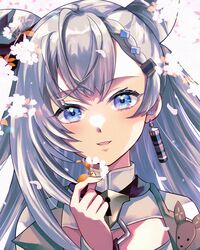  1girl blue_eyes braid cherry_blossoms earrings grey_hair highres hololive hololive_indonesia jewelry keyhole kudoukudokudo long_hair petals single_earring vestia_zeta virtual_youtuber 