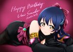  1girl bangs birthday black_dress black_gloves black_legwear blue_hair breast_cutout character_name commentary_request dated dress elbow_gloves english_text gloves gun hair_ribbon handgun happy_birthday headset highres holding holding_gun holding_weapon long_hair looking_at_viewer love_live! love_live!_school_idol_project lying pantyhose pistol red_background ribbon simple_background soldier_game solo sonoda_umi surv1v3-13005993 swept_bangs thighband_pantyhose weapon yellow_eyes 