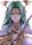  1girl crest_of_seiros fire_emblem fire_emblem:_three_houses flower gauntlets green_eyes green_hair hair_flower hair_ornament helmet holding holding_sword holding_weapon looking_at_viewer seiros_(fire_emblem) seiros_shield serious simple_background solo sword sword_of_seiros ten_(tenchan_man) v-shaped_eyebrows weapon white_background white_flower winged_helmet 