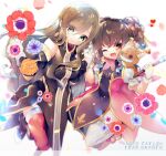  2girls anise_tatlin bare_shoulders black_hair blue_eyes boots brown_hair detached_sleeves dress gloves high_collar highres holding_hands long_hair looking_at_viewer multiple_girls one_eye_closed orange_hair petals red_legwear smile tales_of_(series) tales_of_the_abyss tear_grants thigh-highs tokunaga twintails white_gloves yun_(dust-i1) 