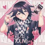  1boy alternate_costume bangs black_nails black_scarf black_shirt checkered_clothes checkered_scarf cheer_(cheerkitty14) cross cross_earrings danganronpa_(series) danganronpa_v3:_killing_harmony double_v earrings english_text eyebrows_visible_through_hair grin hair_between_eyes hands_up heart highres holding holding_phone jewelry ouma_kokichi phone pink_background scarf shiny shiny_hair shirt short_sleeves smile solo star_(symbol) star_in_eye symbol_in_eye teeth translation_request upper_body v violet_eyes white_scarf 
