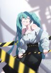  1girl ;d absurdres bangs bare_shoulders beishou_yuu_(myst3ry) black_skirt blue_eyes blue_hair blurry blurry_foreground collarbone dress_shirt eyebrows_visible_through_hair grin hair_between_eyes hatsune_miku high-waist_skirt highres long_hair long_skirt long_sleeves looking_at_viewer off-shoulder_shirt off_shoulder one_eye_closed shirt sitting skirt smile solo twintails very_long_hair vocaloid white_shirt 