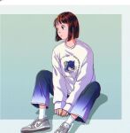 1girl bangs blue_eyes brown_hair chromatic_aberration denim english_commentary green_background grey_footwear jeans leaning_forward mole mole_under_eye nike original pants second-party_source shadow shoes short_hair sitting sneakers solo sweater toti_(tt_o_tiii) white_sweater 