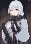  1girl absurdres bangs blood blood_on_clothes blood_on_face breasts character_name commentary_request dated eyebrows_visible_through_hair girls_frontline gloves gun highres long_sleeves looking_at_viewer machine_gun parted_lips rpk-16 rpk-16_(girls&#039;_frontline) ruoyun short_hair signature silver_hair smile solo tactical_clothes upper_body violet_eyes weapon 