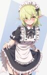  1girl aoi_(princess_connect!) apron bangs black_dress closed_mouth cowboy_shot dress eyes_visible_through_hair flying_sweatdrops garter_straps green_eyes green_hair highres maid_apron maid_headdress petticoat pointy_ears princess_connect! puffy_short_sleeves puffy_sleeves seiji_(artman) short_hair short_sleeves sidelocks skirt_hold solo sweatdrop wrist_cuffs 