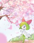 1girl bangs blurry blurry_foreground blush bush cherry_blossoms colored_skin commentary_request day flat_chest full_body green_hair green_skin hand_to_own_mouth hand_up highres kirlia legs_together multicolored_skin outdoors petals pokemon pokemon_(creature) ragia red_eyes short_hair sidelocks solo standing tree two-tone_skin white_skin wide-eyed 