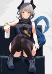  1girl arknights bangs bare_shoulders black_footwear black_legwear black_shirt blush commentary_request ert_raitsui grey_background grey_hair highres holding horns liskarm_(arknights) looking_at_viewer red_eyes shirt shoes short_hair sitting sleeveless sleeveless_shirt sneakers solo tail thigh-highs watch watch 