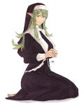  1girl absurdres alternate_costume bangs barefoot black_dress breasts closed_mouth commentary dress english_commentary eyebrows_visible_through_hair fingernails fire_emblem fire_emblem_awakening full_body green_eyes green_hair habit hair_between_eyes highres large_breasts lips long_hair looking_at_viewer nun own_hands_together pointy_ears sakuremi seiza sidelocks signature simple_background sitting smile solo tiki_(fire_emblem) veil white_background 