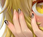  1girl bangs black_nails blonde_hair braid close-up commentary_request eyelashes face hair_between_eyes hand_focus hands_on_own_face kageharu kirisame_marisa looking_at_viewer multicolored_nails nail_polish simple_background single_braid smile star_(symbol) touhou white_background yellow_eyes yellow_nails 