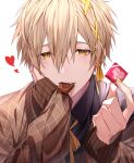  1boy bangs black_shirt blonde_hair blush box brown_sweater chocolate collared_shirt fang food_in_mouth gift gift_box habatatsuki hair_between_eyes hair_ornament hair_ribbon hand_on_own_cheek hand_on_own_face hands_up happy_valentine head_rest heart highres holding holding_gift long_sleeves looking_at_viewer male_focus mole mole_under_mouth mouth_hold nail_polish neck_ribbon original portrait ribbon shirt short_hair simple_background sleeves_past_wrists solo sweater tress_ribbon valentine white_background x_hair_ornament yellow_eyes yellow_nails yellow_ribbon 