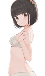  1girl belly black_eyes black_hair blush bob_cut bra breasts clenched_hand closed_mouth expressionless eyebrows_visible_through_hair hair_bobbles hair_ornament hand_up highres hiroki_(yyqw7151) looking_at_viewer looking_back medium_breasts original panties underwear white_background white_bra white_panties 