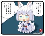  1girl animal_ears azur_lane bangs blunt_bangs blush chibi clenched_hand commander_(azur_lane) commentary_request detached_sleeves eyebrows_visible_through_hair eyeshadow fox_ears fox_girl fox_tail gloves hands_on_hips hat japanese_clothes kaga_(battleship)_(azur_lane) kyuubi long_sleeves looking_at_viewer makeup mini_hat multiple_tails out_of_frame short_hair sidelocks tail taisa_(kari) translation_request twitter_username white_gloves white_hair wide_sleeves 