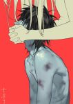  1boy 1girl black_eyes black_hair bruise collarbone colored_skin covering_mouth fingernails grey_skin hand_over_another&#039;s_mouth injury japants long_hair looking_at_another looking_up male_focus mother_and_son nude original red_background signature simple_background solo upper_body 
