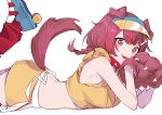  1girl absurdres aneco_(westsea1227) animal_ears animal_hands bangs bare_arms blush bone-shaped_pupils braid brown_hair crop_top dog_ears dog_girl dog_tail eyebrows_visible_through_hair feet_up from_side gloves highres hololive inugami_korone looking_at_viewer miniskirt open_mouth paw_gloves red_eyes roller_skates shirt simple_background skates skirt sleeveless sleeveless_shirt solo symbol-shaped_pupils tail tail_through_clothes virtual_youtuber white_background yellow_shirt yellow_skirt 