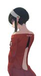  1girl absurdres back backless_outfit black_hair earrings from_behind hairband highres jewelry limi26 long_sleeves looking_at_viewer open_mouth red_eyes red_sweater sidelocks simple_background solo spy_x_family sweater white_background yor_briar 