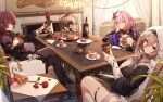  3girls alcohol aponia_(honkai_impact) bad_link bangs black_footwear blue_eyes boots bottle breasts brown_hair cake cake_slice chair closed_mouth crossed_legs cup curtains dress drinking_glass eden_(honkai_impact) elf elysia_(honkai_impact) fireplace flower food fork goblet hair_ornament hand_on_own_cheek hand_on_own_face highres holding_goblet honkai_(series) honkai_impact_3rd indoors long_hair long_sleeves looking_at_viewer multiple_girls nun official_art petals pink_hair plate pointy_ears ponytail purple_dress purple_hair purple_legwear red_flower red_rose rose sitting smile table thigh-highs violet_eyes window wine wine_bottle wine_glass yellow_eyes 