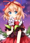  1girl back_bow bangs blonde_hair blue_eyes blurry blurry_background blush bow bowtie brown_shirt bush closed_mouth clouds cloudy_sky collared_shirt commentary_request eyebrows_visible_through_hair eyes_visible_through_hair flower frills hair_between_eyes hair_bow hand_up highres leaf looking_to_the_side medicine_melancholy one-hour_drawing_challenge partial_commentary petals puffy_short_sleeves puffy_sleeves purple_flower purple_sky red_bow red_bowtie red_skirt ruu_(tksymkw) shirt short_hair short_sleeves skirt sky solo touhou white_bow 
