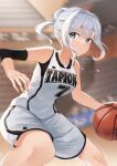  1girl arm_cuffs bangs basketball basketball_uniform blue_eyes blurry blurry_background breasts commentary_request feet_out_of_frame hair_bun hair_up highres indoors medium_breasts original playing_sports serious shirt shorts sidelocks silver_hair solo sportswear stadium sweat tapioka_(oekakitapioka) white_shirt white_shorts 