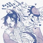  1boy 1girl alternate_hair_ornament anger_vein animal_ear_fluff animal_ears aran_sweater blush cat_boy cat_day cat_ears cat_girl cat_tail closed_mouth contemporary cuddling dated douma_(kimetsu_no_yaiba) eyelashes facing_viewer fingernails fish_boy frown hair_between_eyes hair_ribbon hand_on_another&#039;s_back hand_on_another&#039;s_shoulder head_on_another&#039;s_shoulder head_tilt heart hug kemonomimi_mode kimetsu_no_yaiba kochou_shinobu leaning_on_person long_sleeves looking_at_viewer looking_back monochrome multicolored_hair naive_(day) print_hair ribbon sharp_fingernails sidelocks simple_background smile streaked_hair sweater tail turtleneck turtleneck_sweater twitter_username updo upper_body 