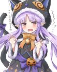  1girl bangs bell black_dress blush bow bowtie capelet cat_tail claw_pose dress jack-o&#039;-lantern jingle_bell kyouka_(princess_connect!) long_hair long_sleeves open_mouth orange_bow orange_bowtie parted_bangs pointy_ears princess_connect! purple_bow purple_hair seiji_(artman) simple_background solo sweatdrop tail tail_bow tail_ornament translation_request upper_body v-shaped_eyebrows white_background yellow_eyes 