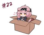  1girl :&lt; ^^^ ahoge animal_ears arknights bangs black_hairband black_jacket blush_stickers box braid cardboard_box cat_ears cat_girl cat_tail chibi closed_mouth eyebrows_visible_through_hair goldenglow_(arknights) hairband in_box in_container jacket kurotofu lightning_bolt_print long_hair long_sleeves minigirl notice_lines open_clothes open_jacket side_braid solo tail yellow_eyes 