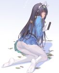  1girl ass bangs black_hair blue_archive blue_shirt blue_skirt blunt_bangs closed_mouth eyebrows_visible_through_hair feet from_behind full_body halo highres leaf leaf_on_head long_hair long_sleeves looking_at_viewer looking_back miyu_(blue_archive) nian_(zhanian) panties panties_under_pantyhose pantyhose pleated_skirt red_eyes shirt skirt soles solo underwear white_legwear 