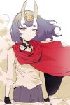  1girl absurdres black_gloves cape closed_mouth collarbone ddari dust dust_cloud expressionless eyeshadow fate_(series) gloves highres horns makeup medium_hair oni oni_horns purple_hair red_cape red_eyeshadow short_eyebrows shuten_douji_(fate) solo standing violet_eyes 