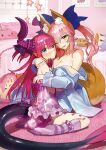  2girls animal_ears bed blue_eyes blush breasts dragon_girl dragon_tail elizabeth_bathory_(fate) elizabeth_bathory_(fate/extra_ccc) fate/extra fate/extra_ccc fate_(series) fox_ears fox_girl fox_tail highres horns hug large_breasts looking_away matou_shinji multiple_girls one_eye_closed pajamas pillow pink_hair ribbon small_breasts stuffed_toy tail tamamo_(fate) tamamo_no_mae_(fate/extra) thick_eyebrows thigh-highs twintails unbuttoned unbuttoned_shirt wada_arco yellow_eyes 