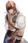  1boy absurdres ahoge bandage_over_one_eye bandaged_arm bandages bare_pectorals belt brown_belt brown_hair chain_necklace chest_tattoo closed_mouth collarbone cross cross_necklace eyes_visible_through_hair facial_tattoo hakasesuitchi hammer highres jewelry looking_at_viewer male_focus medium_hair necklace original pectorals rope scar scar_on_arm scar_on_chest scar_on_face scar_on_stomach shirt_tucked_in simple_background sleeves_rolled_up solo tattoo violet_eyes white_background 