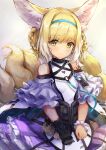  1girl absurdres animal_ear_fluff animal_ears apron arknights bare_shoulders black_gloves blonde_hair blue_hairband blush braid breasts closed_mouth fox_ears fox_girl fox_tail gloves hair_rings hairband highres kitsune looking_at_viewer multicolored_hair pleated_skirt purple_skirt shirt single_glove skirt small_breasts smile solo suzuran_(arknights) tail trrcmb twin_braids two-tone_hair waist_apron white_apron white_hair white_shirt yellow_eyes 