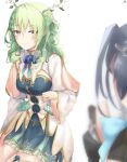  2girls absurdres aneshoq bangs bare_shoulders blue_hair blush braid branch breasts ceres_fauna green_hair highres hololive hololive_english horns leaf looking_at_another loose_clothes medium_breasts medium_hair multiple_girls open_clothes ouro_kronii peeking sitting thighs wavy_hair white_background yellow_eyes 