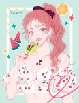  1girl artist_name bangs blue_eyes brown_hair cherry cropped_shirt food fruit heart holding holding_food jewelry looking_at_viewer necklace off-shoulder_shirt off_shoulder original parted_lips ponytail popsicle print_shirt red_nails shirt smile solo sparkle symbol-only_commentary yuari_kim 