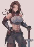  1girl abs armor breasts brown_hair commission dagger detached_sleeves greaves grey_background grey_eyes highres holding holding_sword holding_weapon knife long_hair muscular muscular_female original pouch scar scar_across_eye solo sword weapon zhvo 