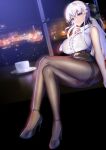  1girl absurdres alternate_costume azur_lane bare_shoulders belfast_(azur_lane) black_ribbon blue_eyes braid city_lights cityscape coffee coffee_cup crossed_legs cup disposable_cup finger_to_face french_braid gosama hair_ribbon high_heels highres night office_lady pantyhose pencil_skirt ponytail ribbon saucer shirt silver_hair skirt skyline sleeveless sleeveless_shirt spoon thighband_pantyhose 