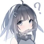  1girl ? ahoge arknights bare_shoulders black_hair blush closed_mouth feather_hair feathers grey_eyes hairband highres la_pluma_(arknights) looking_at_viewer mouth_hold portrait short_hair simple_background sleeveless solo white_background white_hairband woodsbench 