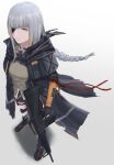  1girl absurdres assault_rifle bangs braid commentary_request eni_rei eyepatch full_body girls_frontline gloves grey_hair gun highres holding holding_gun holding_weapon jacket long_hair looking_at_viewer m16 m16a1_(boss)_(girls&#039;_frontline) miniskirt mole mole_under_eye multicolored_hair open_clothes open_jacket orange_eyes orange_hair pleated_skirt rifle scar scar_across_eye scar_on_face shadow skirt solo standing streaked_hair weapon 