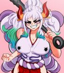  absurdres breasts bright_pupils club_(weapon) highres horns huge_breasts japanese_clothes looking_at_viewer lord_guyis multicolored_hair one_piece red_eyes sharp_teeth smile teeth weapon white_pupils yamato_(one_piece) 