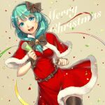  1girl adapted_costume arm_ribbon bell belt black_belt black_legwear bow breasts brown_bow capelet commentary_request dress english_text fur-trimmed_capelet fur-trimmed_dress fur_trim green_eyes green_hair grey_background hair_bell hair_ornament kageharu kagiyama_hina medium_breasts merry_christmas open_mouth red_capelet red_dress ribbon santa_dress teeth thigh-highs touhou upper_teeth zettai_ryouiki 