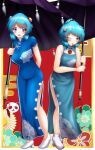  2girls 97-shiki_juubako :d :p absurdres blue_dress blue_eyes blue_hair breasts bun_cover china_dress chinese_clothes commentary_request double_bun dress dual_persona heterochromia highres holding holding_umbrella large_breasts long_dress multiple_girls no_panties one_eye_closed red_eyes short_hair short_sleeves side_slit sleeveless sleeveless_dress small_breasts smile tatara_kogasa tongue tongue_out touhou umbrella white_footwear 