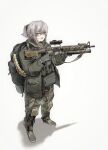  absurdres alma01 ar-15 assault_rifle backpack bag camouflage camouflage_pants grenade_launcher gun highres jacket m16 m203 pants pouch rifle scope sling underbarrel_grenade_launcher weapon white_hair 