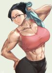  abs black_hair glasses highres mikel_(4hands) muscular muscular_female sweat tank_top toned towel wiping_sweat 