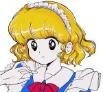  1980s_(style) 1girl black_eyes blonde_hair blue_dress bow bowtie collared_dress commentary_request dress face maid maid_headdress mugetsu_(touhou) puffy_short_sleeves puffy_sleeves red_bow red_bowtie retro_artstyle short_hair short_sleeves simple_background solo takemoto_izumi_(style) touhou touhou_(pc-98) white_background z67y97t87gyihy 
