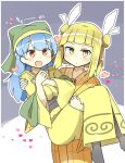  2girls blonde_hair blue_hair carrying duplicate haniyasushin_keiki heart japanese_clothes joutouguu_mayumi kimono matsu_kitsune multiple_girls pixel-perfect_duplicate princess_carry touhou yellow_eyes 