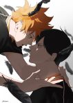  2boys absurdres black_feathers black_hair blurry depth_of_field feathers haikyuu!! hand_on_another&#039;s_shoulder highres hinata_shouyou kageyama_tobio looking_at_another lovemaronmeru0827 male_focus messy_hair multiple_boys open_mouth orange_eyes orange_hair profile shaded_face sportswear twitter_username volleyball_uniform 