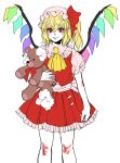  absurdres ascot blonde_hair closed_mouth collared_shirt commentary_request cowboy_shot crystal flandre_scarlet frilled_skirt frills hat hat_ribbon highres holding holding_stuffed_toy kuya_(hey36253625) looking_at_viewer medium_hair mob_cap pointy_ears puffy_short_sleeves puffy_sleeves red_eyes red_ribbon red_skirt red_vest ribbon sash shirt short_sleeves side_ponytail simple_background sketch skirt smile stuffed_animal stuffed_toy teddy_bear touhou vest white_background white_headwear white_sash white_shirt wings yellow_ascot 