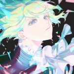  1boy 830_(hamio) androgynous black_background green_hair lio_fotia lips looking_at_viewer male_focus portrait promare short_hair solo thick_eyelashes violet_eyes 